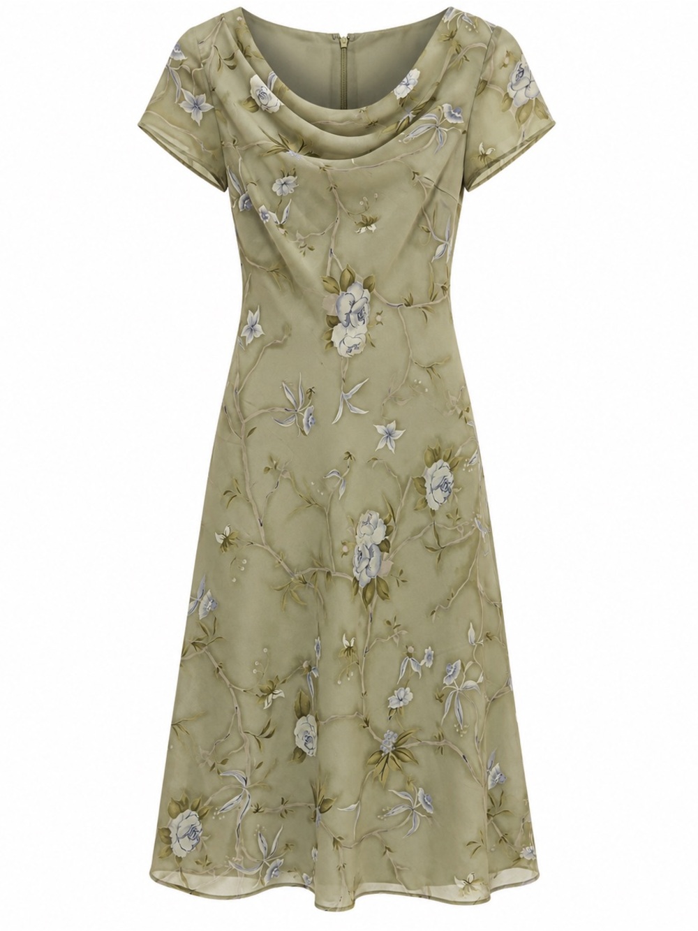 Petite Sophisticate Olive Green Floral Cowl-Neck Midi Dress Vintage S